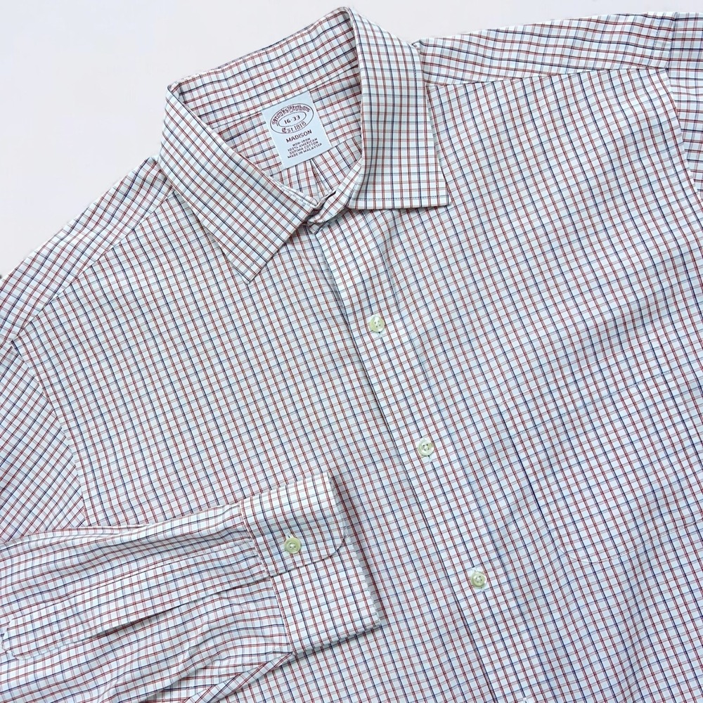 Brooks Brothers Madison Dress Shirt Mens 16 Red White Blue Button Up Long Sleeve
